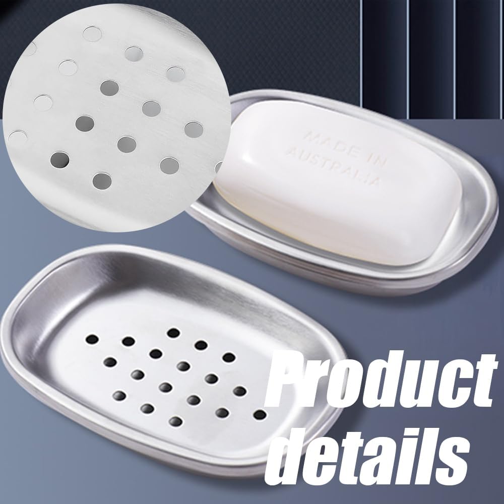 Stainless Steel Soap Dish, Soap Dish for Bathroom Shower, Double Layer Draining Soap Box with Drainage, Metal Soap Dishes Holder, Shower Countertop Tray, Silver