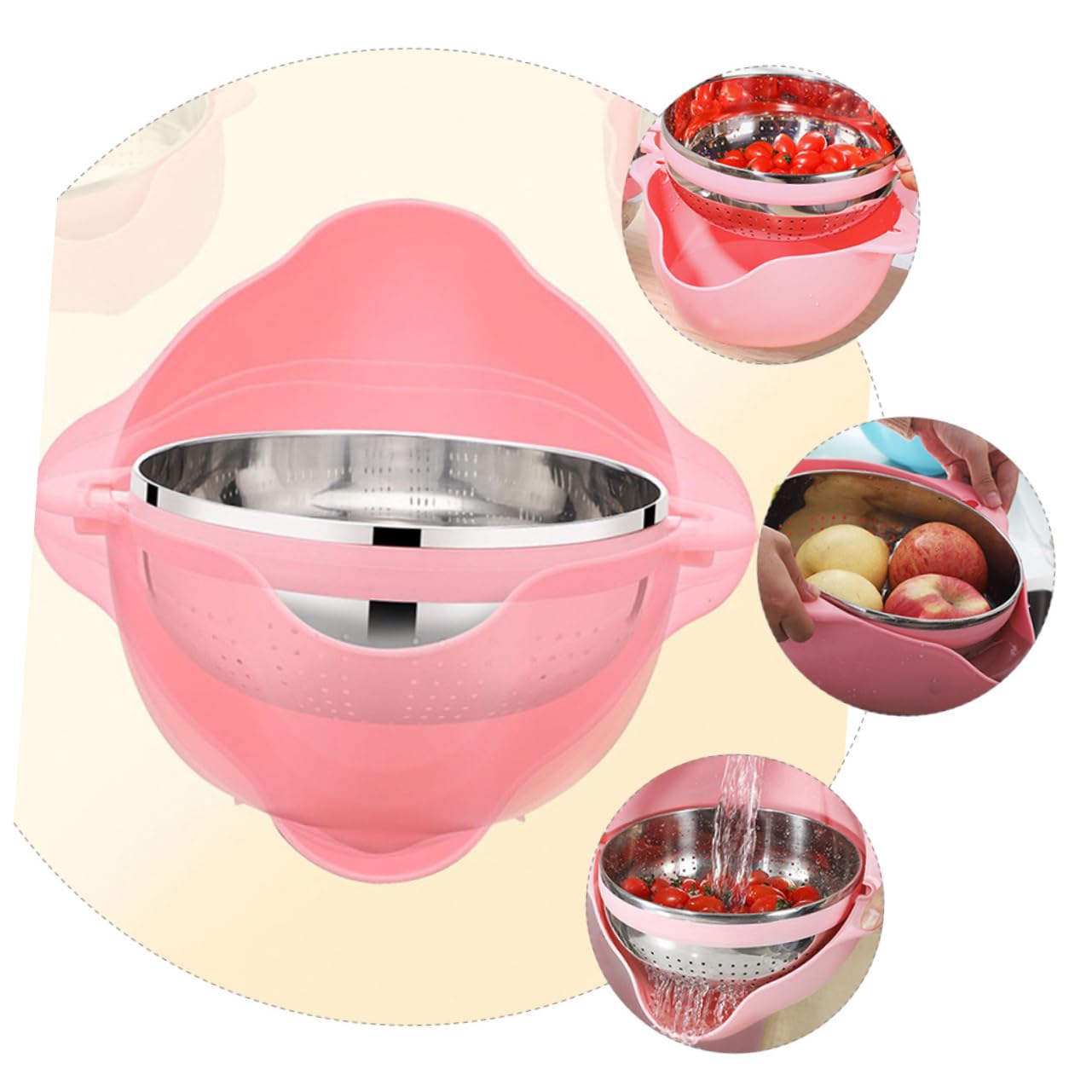 Bol Passoire à Riz Rond en Acier Inoxydable Rose, Double Couche