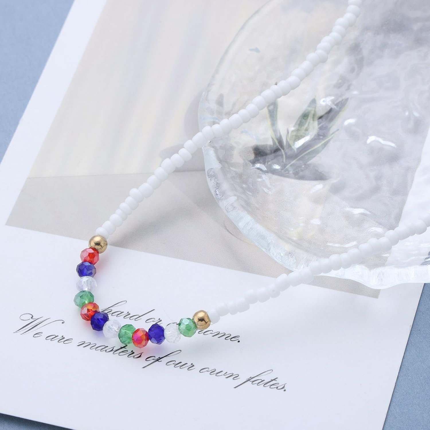 Andelaisi Boho Colorful Crystal Bead Necklace Choker White Seed Bead Strand Necklace Vintage Rice Beads Necklaces Rainbow Stone Choker Necklaces Jewelry for Women - Image 4