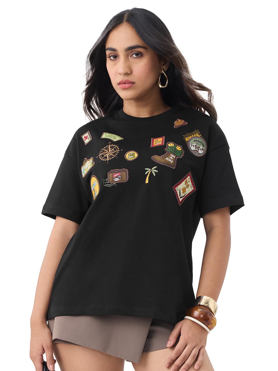 The Souled Store Travel Stamp: Women and Girls Short Sleeves Round Neck Black Embroidered Cotton Oversized Lightweight Everyday Streetwear T-Shirt in black