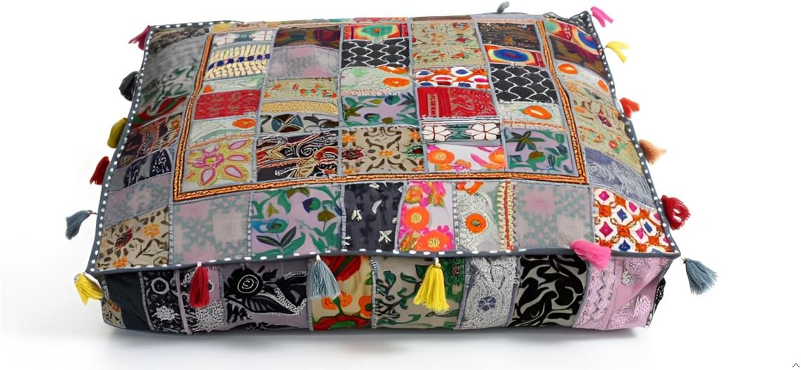 CRAFT KALA Indian Square Patchwork Traditional Pouf Cover Indian Living Room Poufs Decorative Embroidered Designer Ottoman Home Living Footstool Chair Cover Decor Pillow Cover 35 inches, Grey