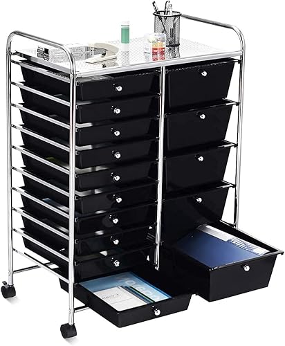 Giantex Carrito de almacenamiento rodante con 15 cajones, organizador de papel móvil para libros, carrito de herramientas con ruedas, ideal para la