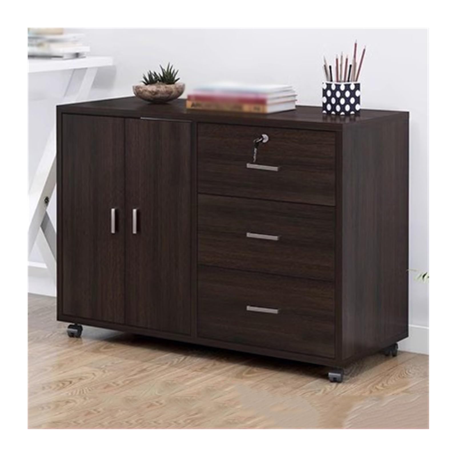 Aioneer File Cabinet Filing Cabinet Wooden Floor Standing Cabinet Three Drawers With Double Door Storage Filing Cabinet Lockable Storage Office Filing With Removable Rollers Fili-Bruin