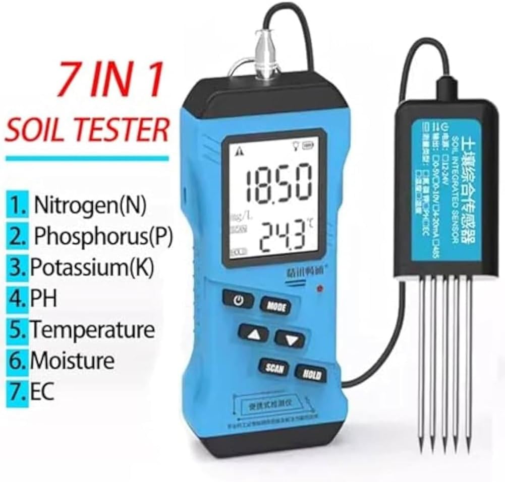 Soil Moisture Meter, NPK/PH/EC Tester, Digital Plant Soil Testing Kit with LCD Display, Nutrient Conductivity Meter for Agricultural Use and Soil Cultivation