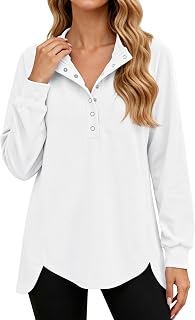 Naggoo Women's Henley Oversized Sweatshirt Fall Pullover Top | Adjustable V Neck Tunic with A Relaxed Fit,Perfectly Covers Hips&Tummy,Ideal Cozy Wear for Home,Work,Travel,Or Casual Days