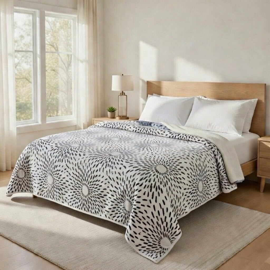 Sacred Thread Fleece Blanket 79"x95" – Reversible South Western Design, Vibrant Aztec Pattern for Home, Native American Style, Big Floral Firework, Boho Blanket Purple Queen