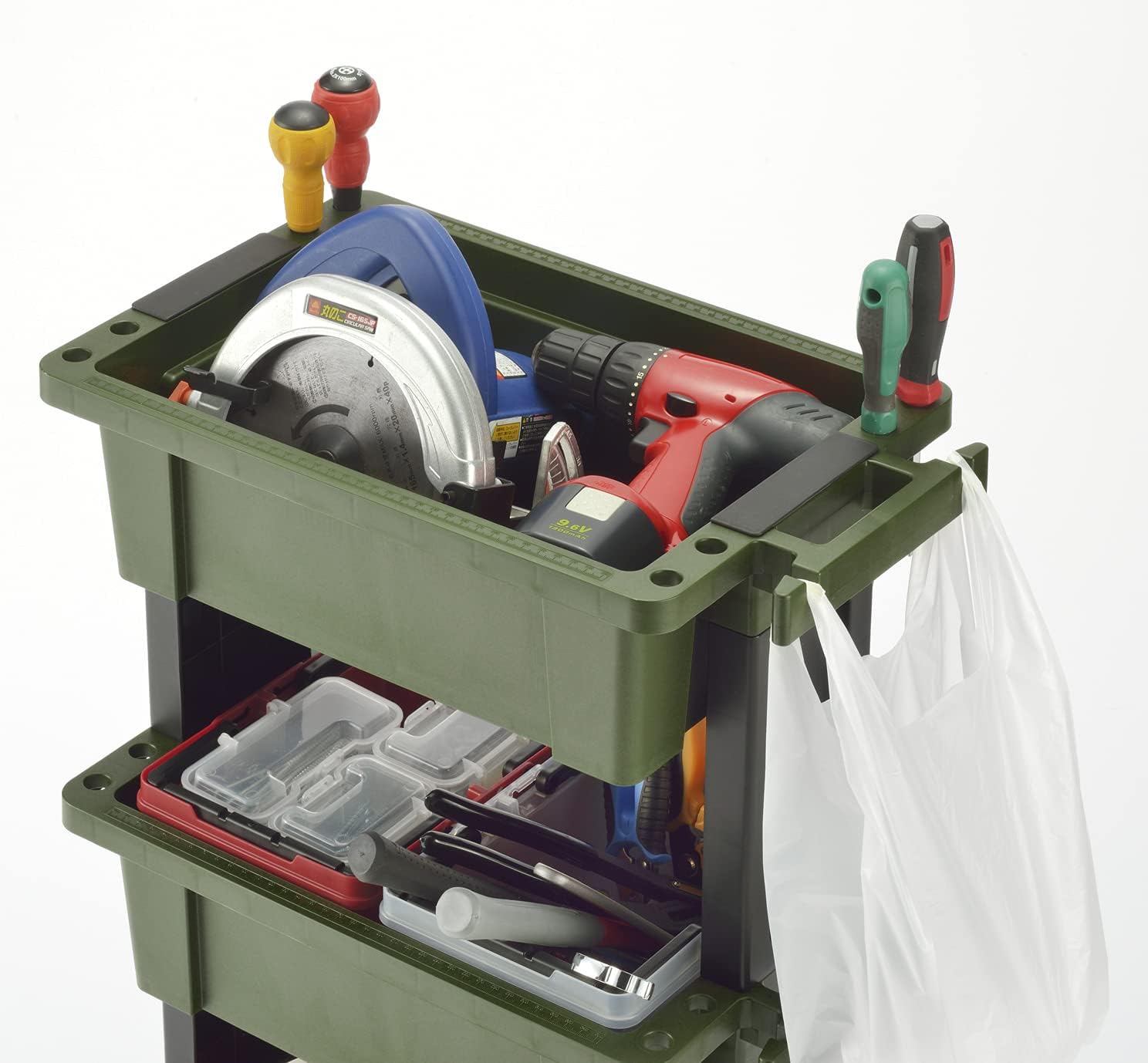 JEJ Agage TWB-490G Tool Wagon, Box Type, Made in Japan, Assembly Type, 3 Tiers, With Casters, Black Green, Width 19.7 x Depth 11.6 x Height 30.9 inches (49 x 29.5 x 78.5 cm)