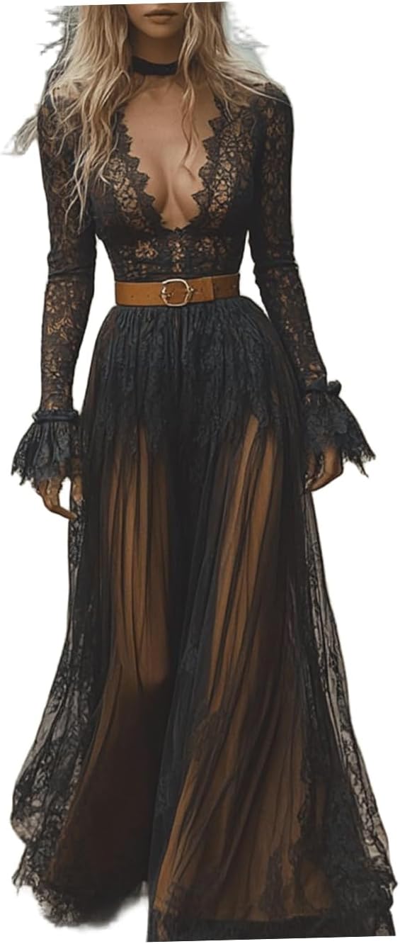 Western Cowgirl Dress Women Sexy Lace Deep V Neck Vintage