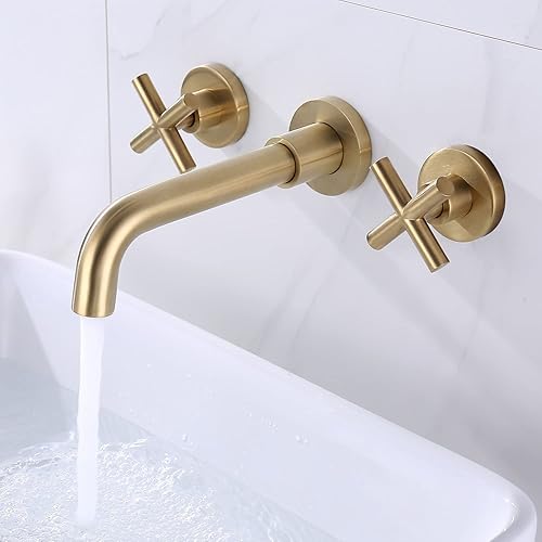 Miniatura 2 de Grifo montado en la pared para fregadero de baño, boquilla giratoria de 360 grados, 2 asas cruzadas, con válvula gruesa, oro cepillado