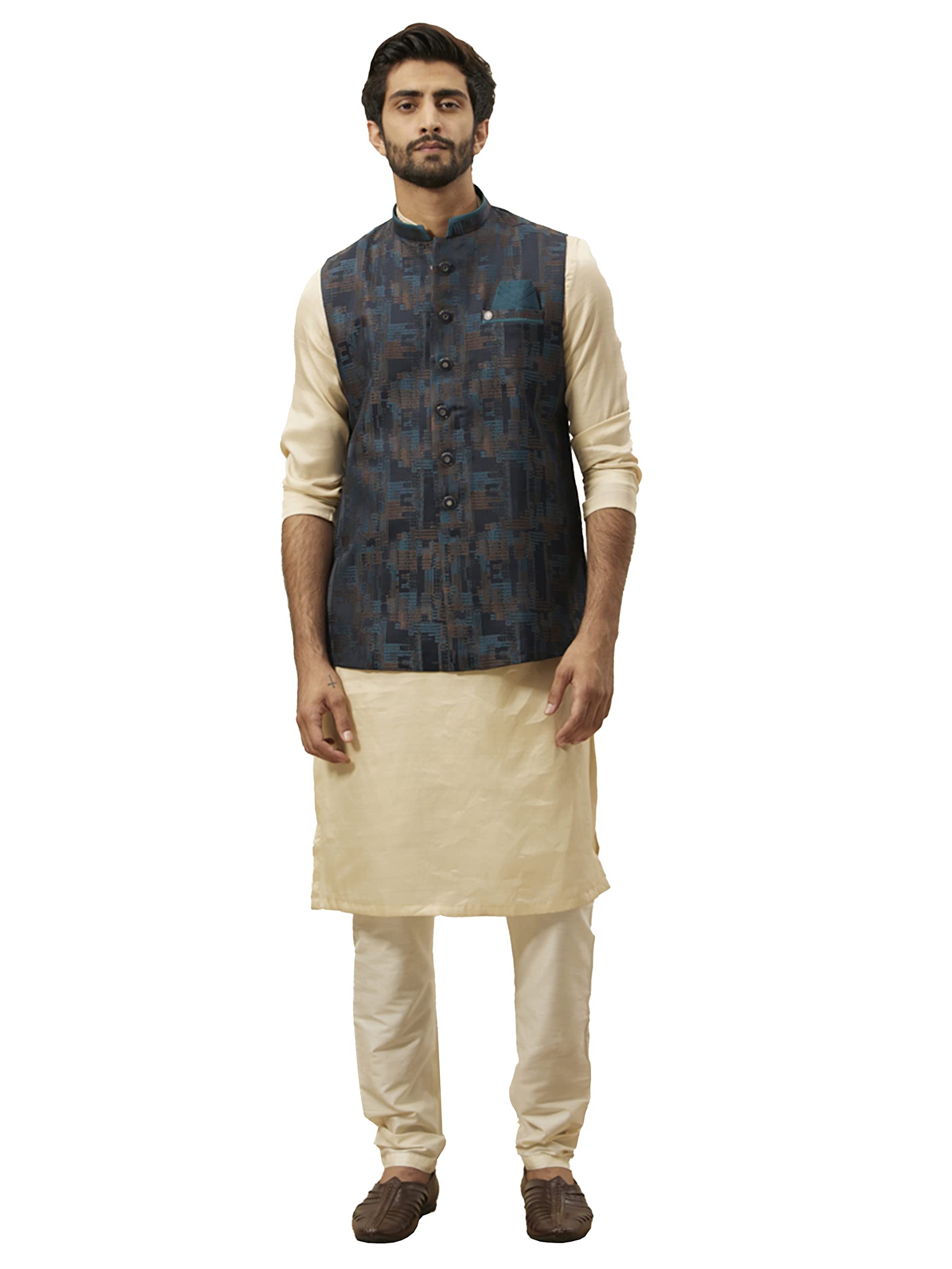 manyavar Men's Printed Brocade Sleeveless Nehru Jacket-picture-22
