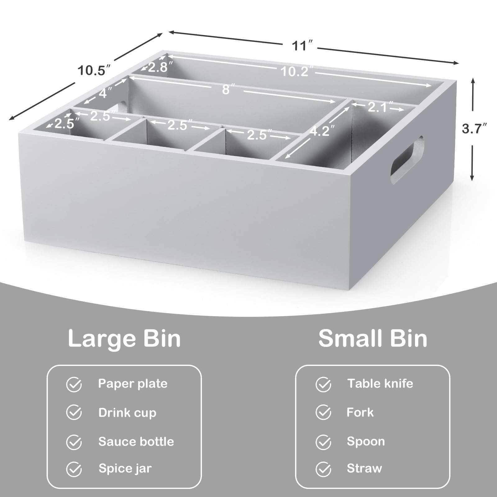 Soporte para utensilios de madera gris para fiestas, organizador de platos de papel para encimera, organizador de cubiertos con 6 compartimentos para platos, tazas, tenedores, cucharas
