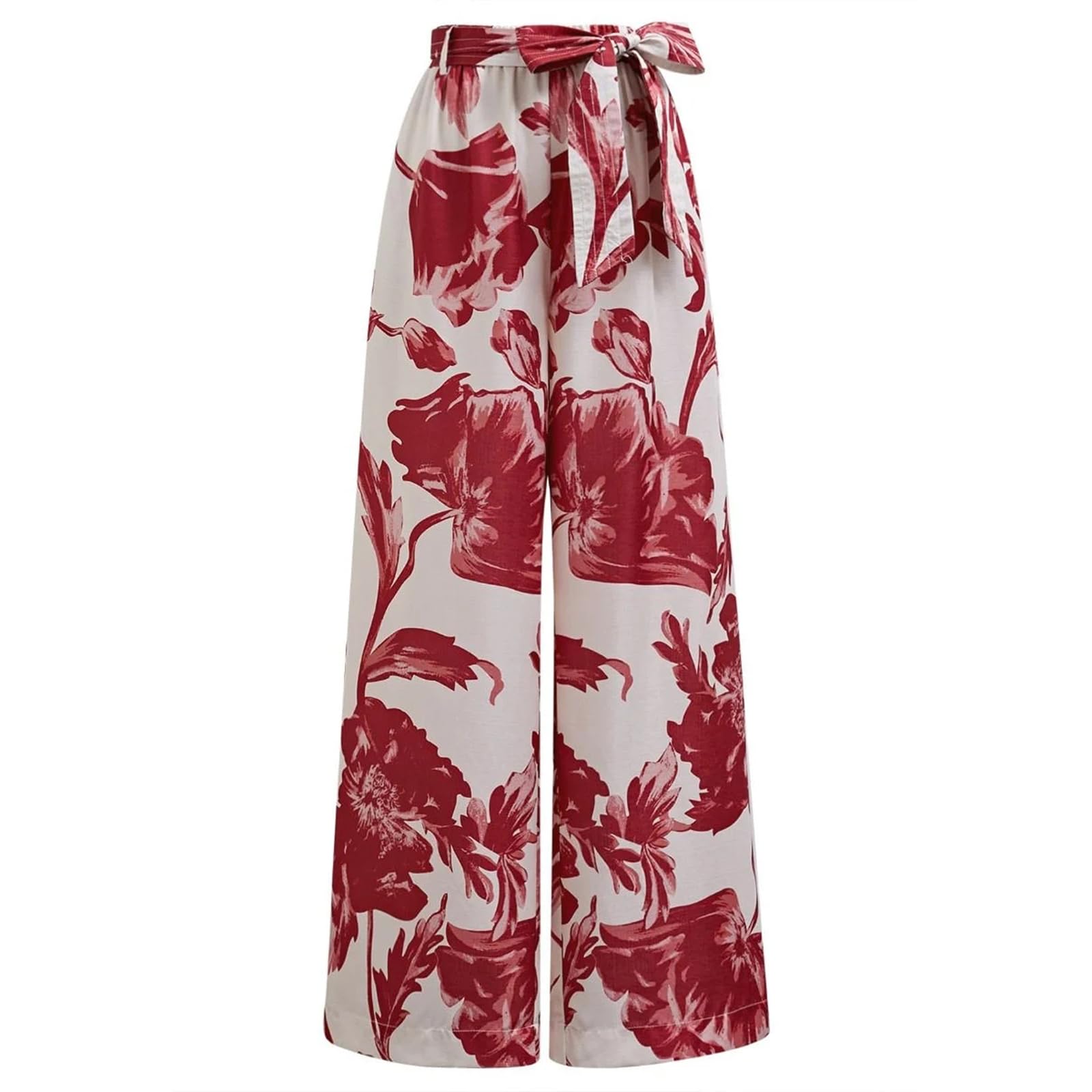 CHICWISH Women Wide Leg Pants Floral Printed High Elastic Waist Belted Summer Casual Long Trousers with Pockets Red