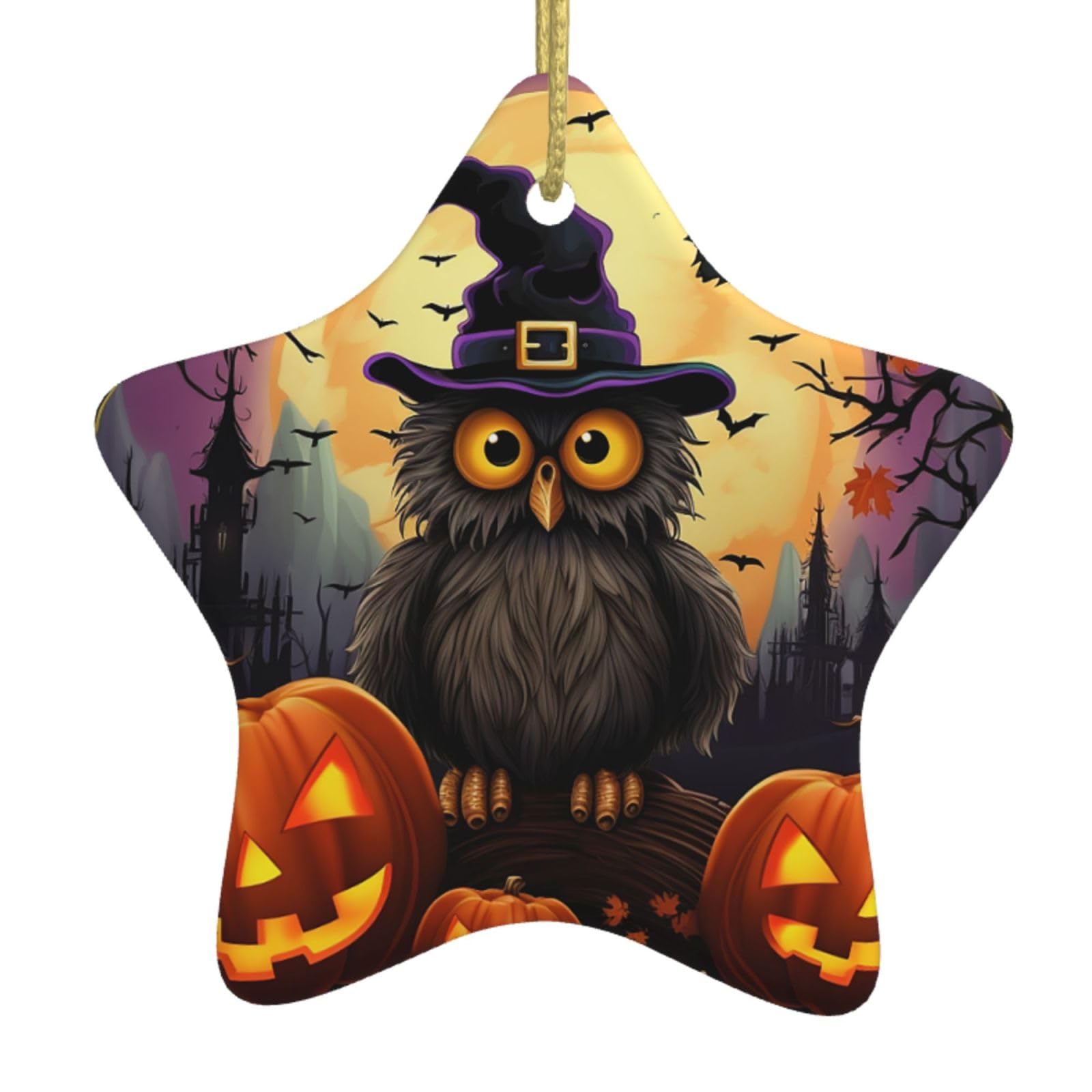 Ceramic Christmas Tree Hanging Ornaments with Gold Ropes Christmas Tree Decorations Star Ceramic Halloween Owl Ghost Pumpkin Pendant Keepsake Decorations for Holiday Xmas Gift Ideas
