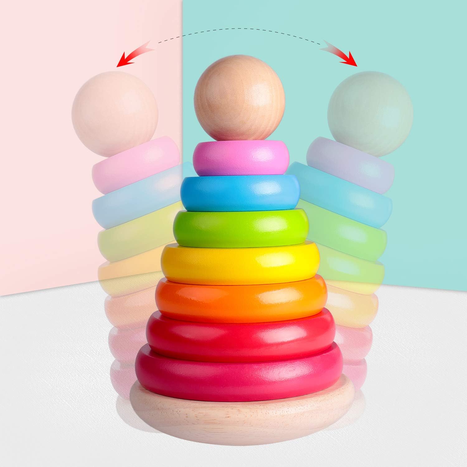 Rolimate 8 inch 8 Colors Wooden Ring Stacker Toy for Babies - Rainbow Tower - Wooden Toys Rainbow Stacking for Baby and Toddlers (20x12.5cm)