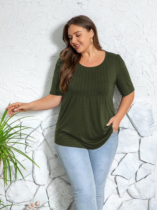 CARRROTMOB Plus Size Womens Summer Tops Puff Short Sleeve Crew Neck Pleated T Shirts Loose Dressy Casual Blouses - Image 3