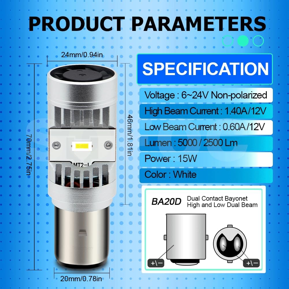 SOFOC BA20D Lampadina S2 Ventola Di Raffreddamento Integrata 5000Lm Led Faro Per Moto Bianco 6V 12V 24V Compatibile Con 6-24V AC/DC 15W Csp Super Luminoso 1Pcs