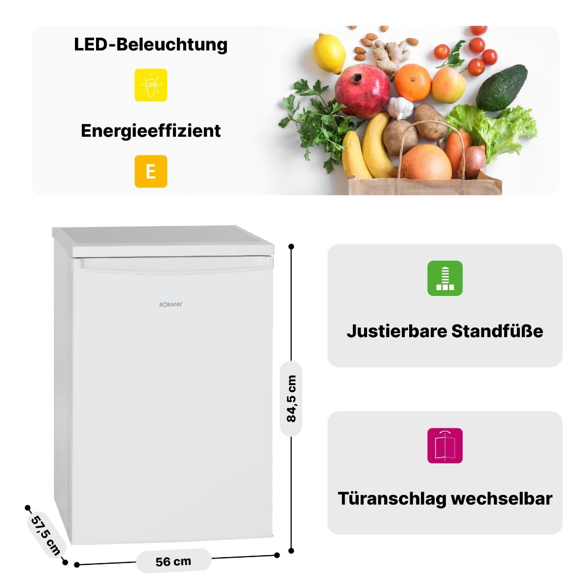 Bomann Kühlschrank ohne Gefrierfach, 133 Liter Nutzinhalt, 3 Ablagen, Kühlschrank klein mit Gemüsefach, wechselbarem Türanschlag, Tischkühlschrank leise, H:84.5 x B:56 x T:57.5cm - VS 2185.1 weiß