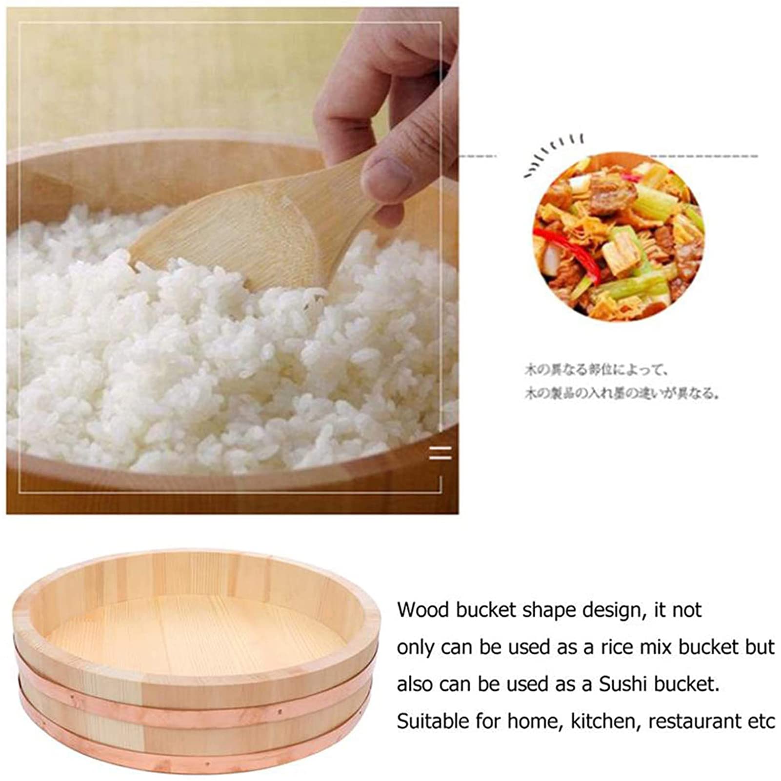 Drewniana wanna do mieszania ryżu Hangiri, japońska miska do sushi, sushi oke, z solidnymi miedzianymi taśmami do gotowania, 12 rozmiarów do wyboru, 36 cm