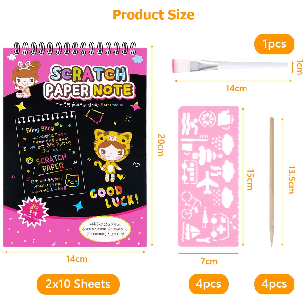 OFFCUP Carte à Gratter 2 Pack Scratch Art Notes Dessin pour Enfant avec 4 Règles de Gabarit et 4 Stylets en Bois 14x20cm