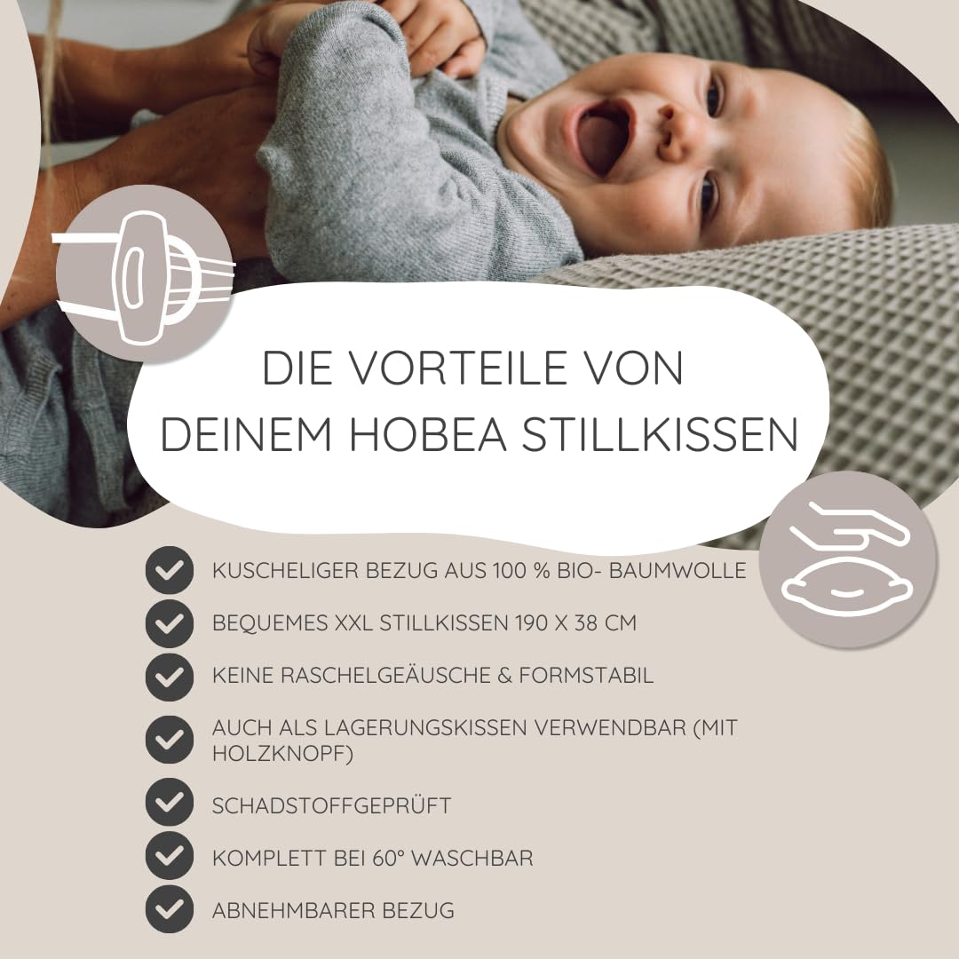 HOBEA-Germany Stillkissen 190 cm x 76 cm XXL Lagerungskissen Schwangerschaftskissen Bio Baumwolle Waffelmuster Taupe