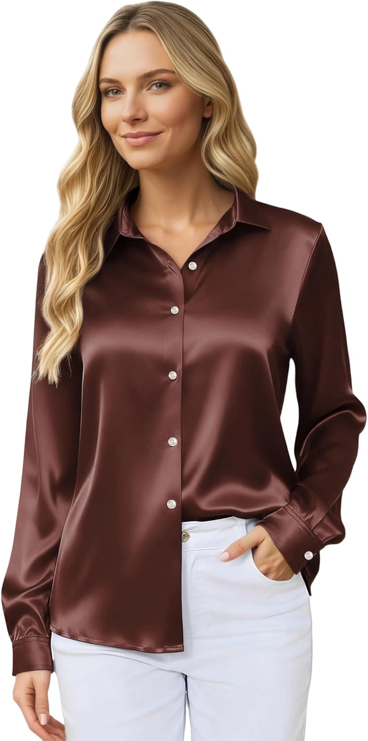 Satin Shirts for Women, Silk Blouses for Women Dressy Elegant Satin Button Down Shirts Holiday Tops Christmas Party Outfits - Image 5