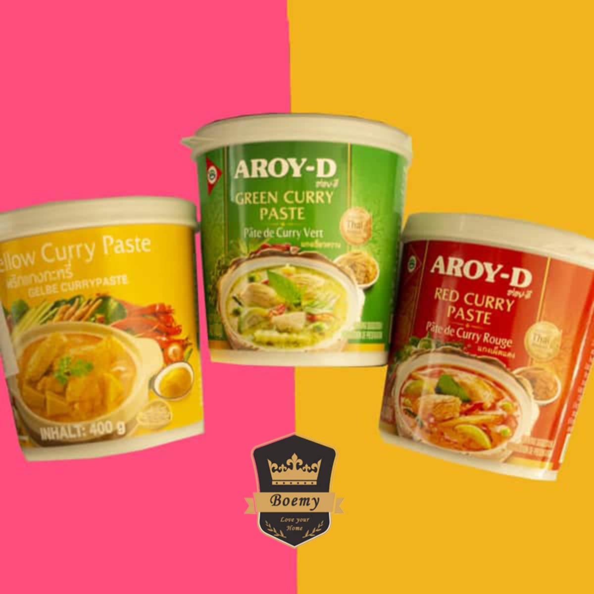 Set de Degustación de Pastas Thailandesas de Curry Rojo, Verde y Amarillo Aroy-D 400gr. C/u -Pastas de Curry - Sabor Thailandes