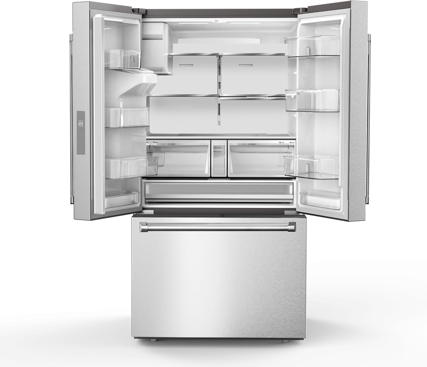 פְּנִים view of the Thor Kitchen refrigerator with doors open, showing shelves and drawers.