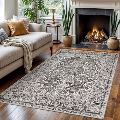 KUTA Vintage Area Rug 4x6 Living Room, Washable Rugs Distressed Tribal Tan Grey, Non-Slip Dining Room Carpet, Soft Low Pile Printed Cozy Small Area Throw for Bedroom, Nursery