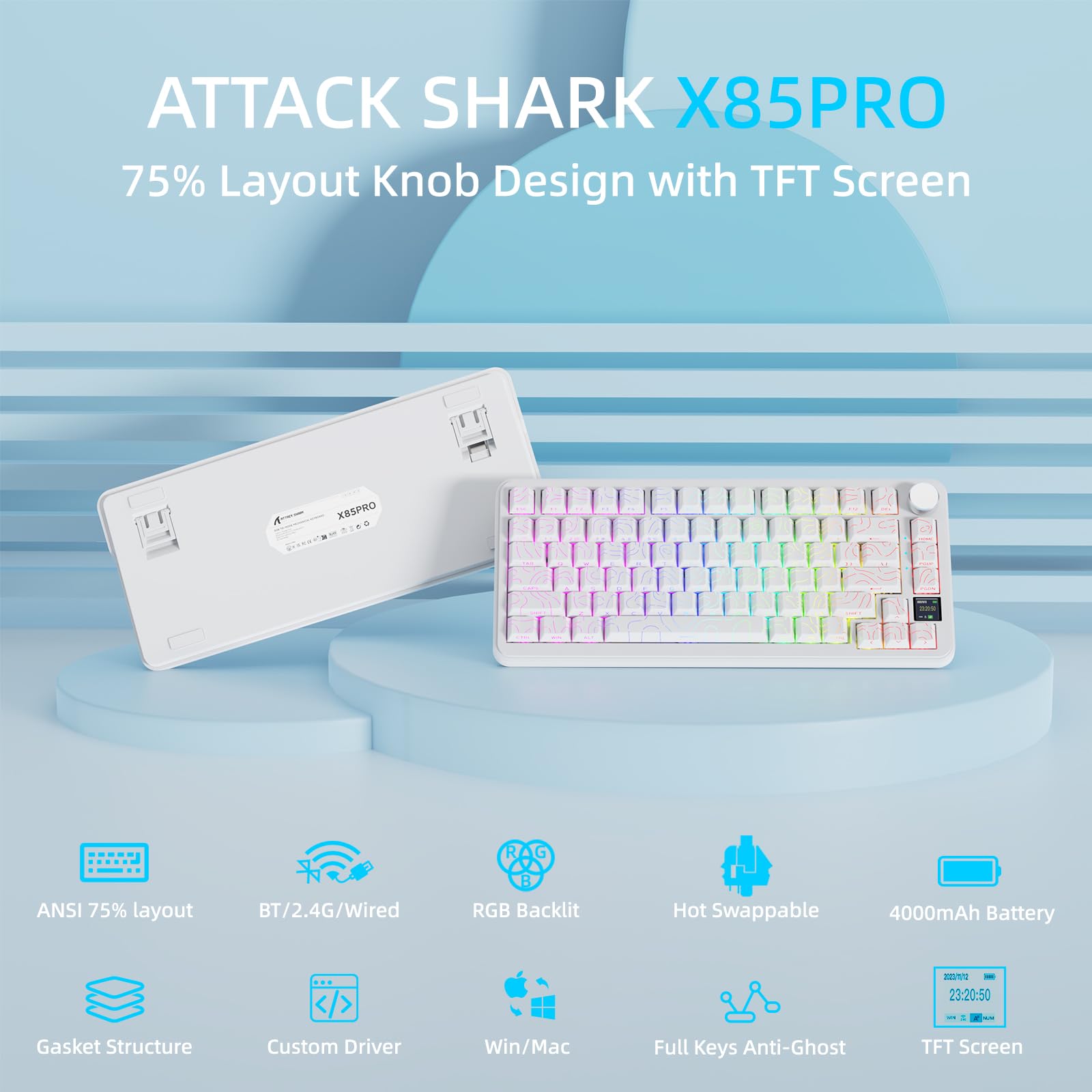ATTACK SHARK X85PRO Tastiera Meccanica Wireless con Display TFT e Manopola, Tastiera da Gioco Montata su Guarnizione 75% QMK, 2.4G/BT/USB-C Cablata, Sostituibile a Caldo,4000mAh,RGB (Bianco)