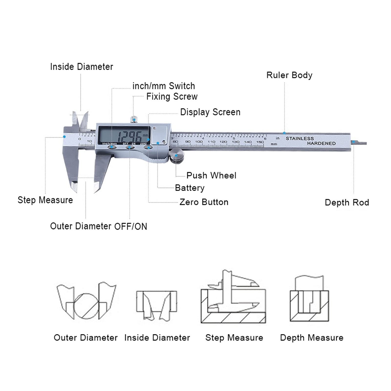 Calibro digitale, 0-150mm Vernier Pinza in acciaio inox/in plastica Lcd. Strumenti di misurazione dello strumento a 6 pollici for calibro digitale(Stainless Steel)