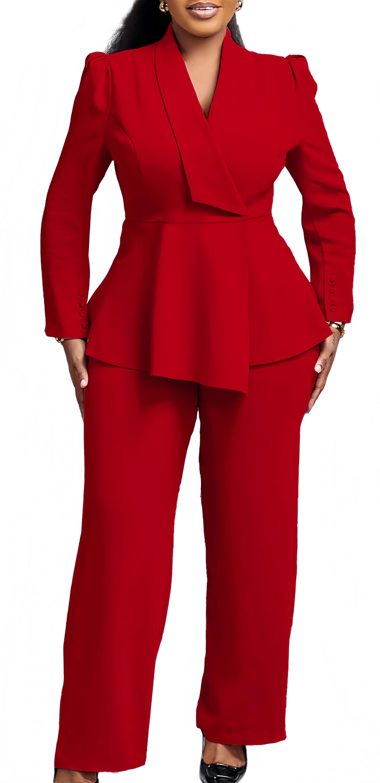 Women Suit Jacket 2 Piece Ruffle Blazer with Wide Leg Pants Suit Long Sleeve Business Casual Outfits