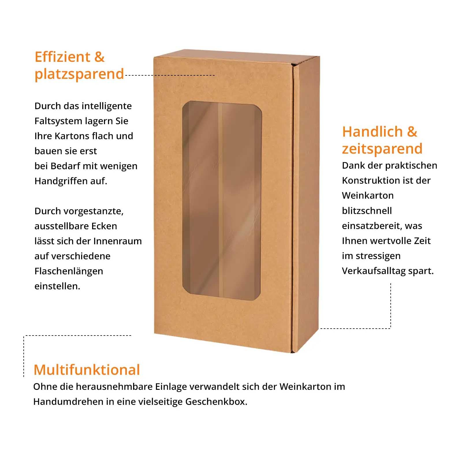 25 x Weinkarton für 2 Flaschen mit Sichtfenster – Naturbrauner Kraftkarton Geschenkverpackung für Weinflaschen – Flaschenkarton für Wein, Sekt & Spirituosen – Stabil & Präsentationsstark