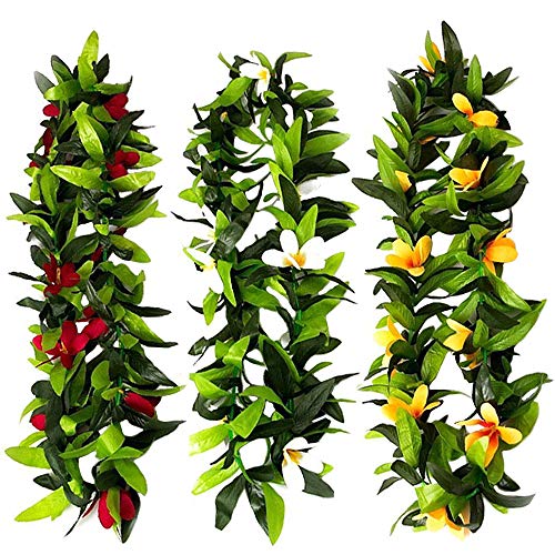 Hawaiian Leis Hawaii Luau Tropical Flower Leaf Leis Wreath Women Green Leaves Dance Garland Floral Necklace For Summer Beach Wedding Graduation Vacation Pool Party Decorations Favors Supplies 3 Pack
