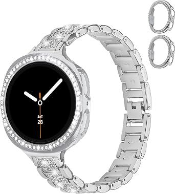 Metal Band with Case for Samsung Galaxy Watch 8 Band 40mm for Women,Bling Diamond Replacement Strap & 2 Pack PC Overall Protective Bumper Face Cover for Galaxy Watch 8 Case 40mm Accessories