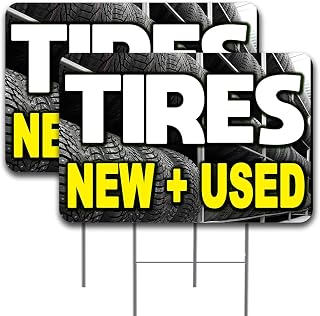 2 Pack Tires New & Used Yard Sign 16" x 24" - Double-Sided Print, with Metal Stakes Made in The USA 841098140892