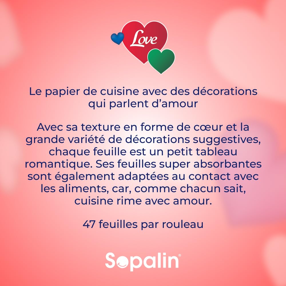 SOPALIN Love – 3 Rouleaux de Essuie-tout cuisine, Décoré, Texture en forme de cœur, Double épaisseur, Blanc - 3