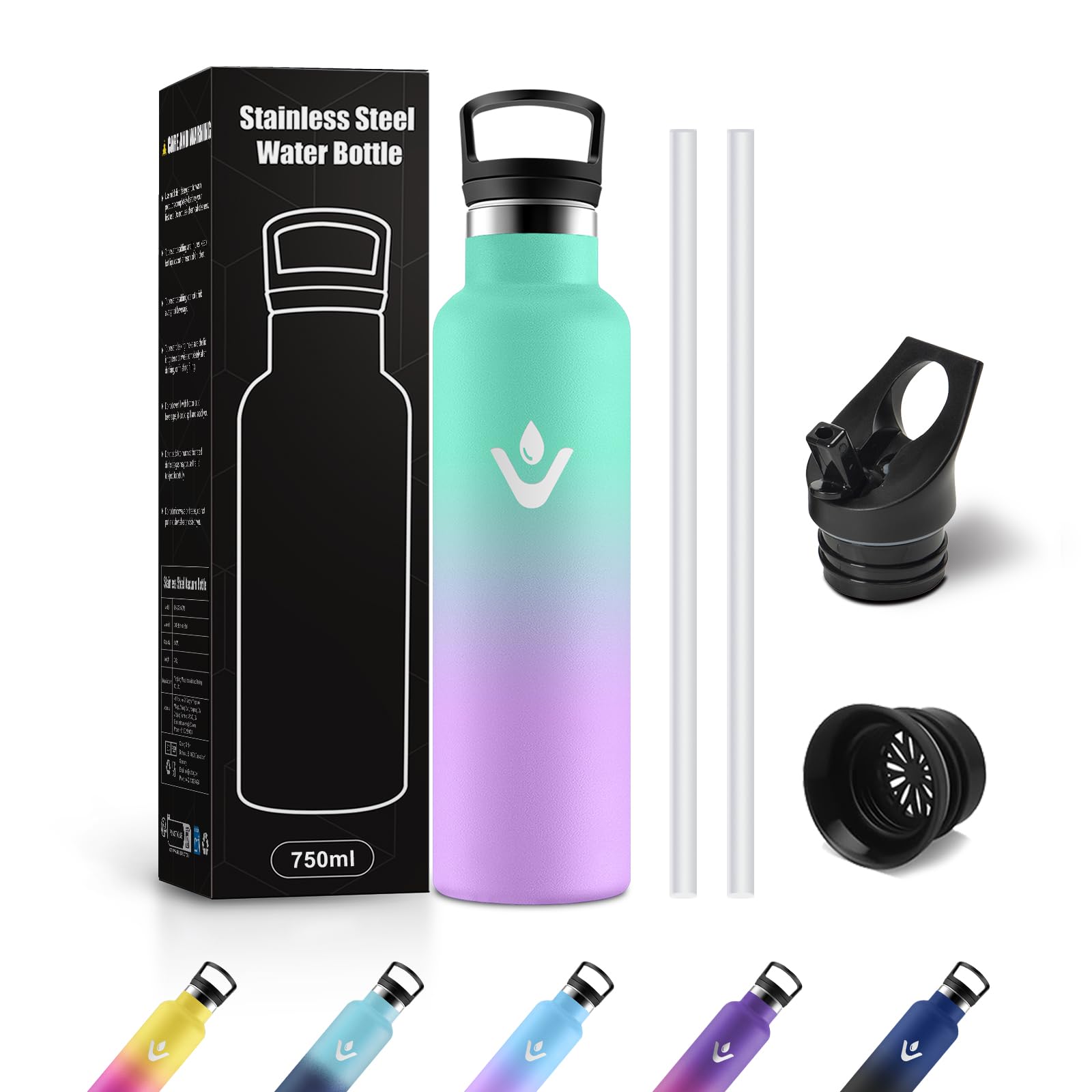 JAPORIA Borraccia Acciaio Inox 750ml, Termos con Cannuccia, a prova di perdite, Riutilizzabile, senza BPA, per Viaggio, Campeggio, Gimnasio