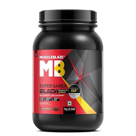 MuscleBlaze Super Gainer Black (Chocolate, 1 kg / 2.2 lb Powder)with Enhanced Gaining Formula- Appetite, Digestion & Testo Blend for Muscle Mass Gain