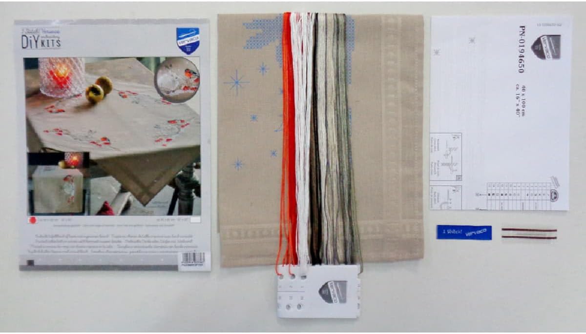 Vervaco Stamped Cross Stitch kit tablechloth Schneehase und Dompfaff, 40x100cm, DIY