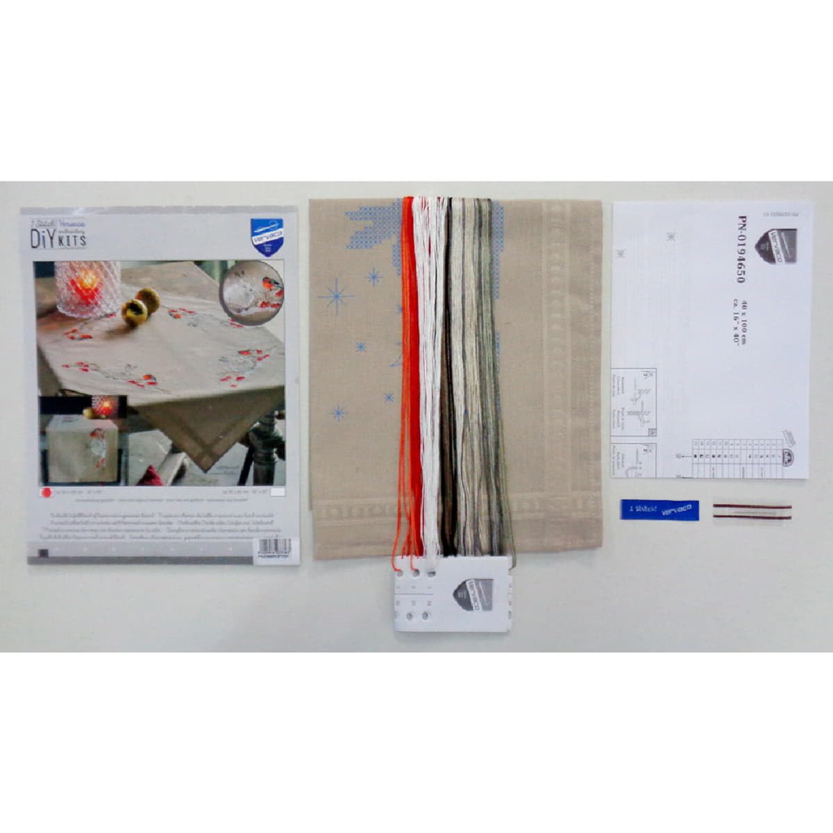 Vervaco Stickpackung Tischläufer Sticken Set Erwachsene Vorgedruckt Schneehase und Dompfaff Stickläufer zum Selbersticken Vorgezeichnet Decke Sticken Plattstich 40 x 100 cm Kreatives Geschenk
