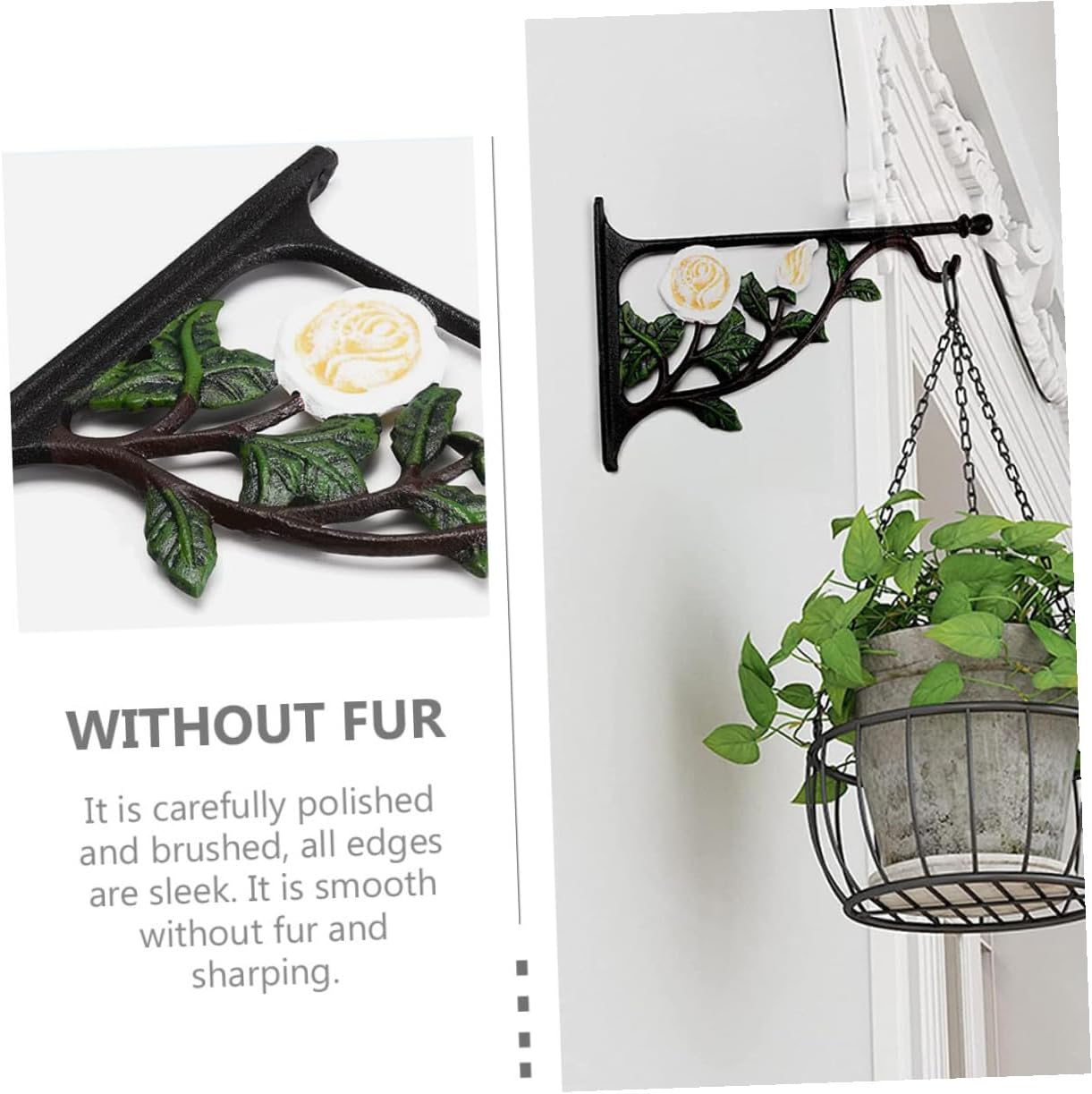 Cast Iron White Rose Pattern Wall Mounted Hanging Bracket for Flower Pots Bird Feeders Wind Chimes Balcony Bonsai Metal Hook for Indoor Outdoor Garden Decor