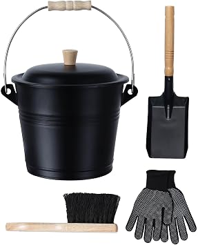 1.5 Gallon Ash Bucket with Lid - Shovel, Broom, and Gloves, Heavy Duty Galvanized Iron, Fire-Resistant, Black Finish Perfect for Fireplaces, Fire Pits