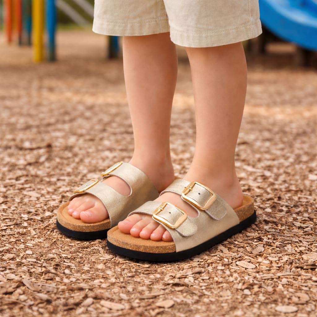 Project Cloud 100% Genuine Leather Kids Sandals - Natural Cork Footbed Non-Slip Slides for Kids - Lightweight Boys & Girls Sandals - Water-Resistant Girls & Boys Sandals