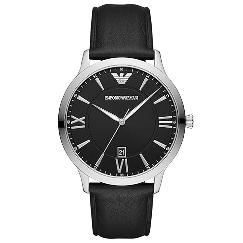 Emporio Armani Watch for Men, Quartz Three Hand Date Movement and 43mm Case Size with Leather Strap - Black and Silver Tone