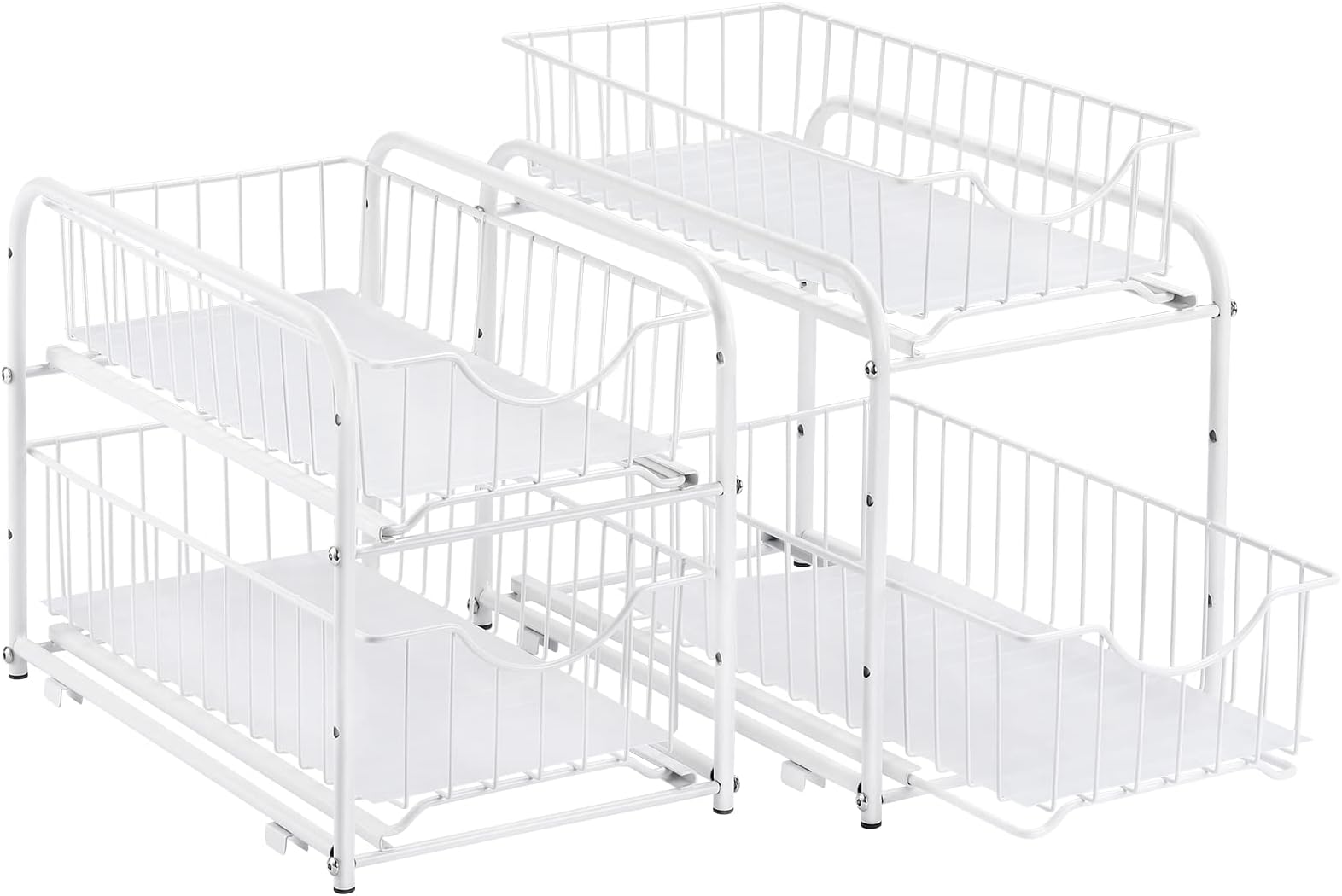 YBING Stackable Under Sink Cabinet Organizer 2 Tier Sliding Basket Organizer Drawer Bathroom Under Cabinet Basket Organizer for Kitchen Pantry White 2 Pack