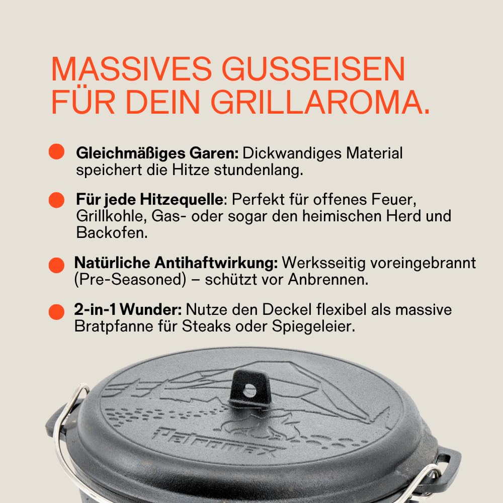 Petromax Dutch Oven ft9-t Komplettset – Feuertopf 7,5 L Gusseisen | Mit Deckelheber, Pflegepaste, Ringreiniger & Kirschholz-Löffel. Deckel als Pfanne. Für Grill, Ofen & Feuer, 8-14 Pers.
