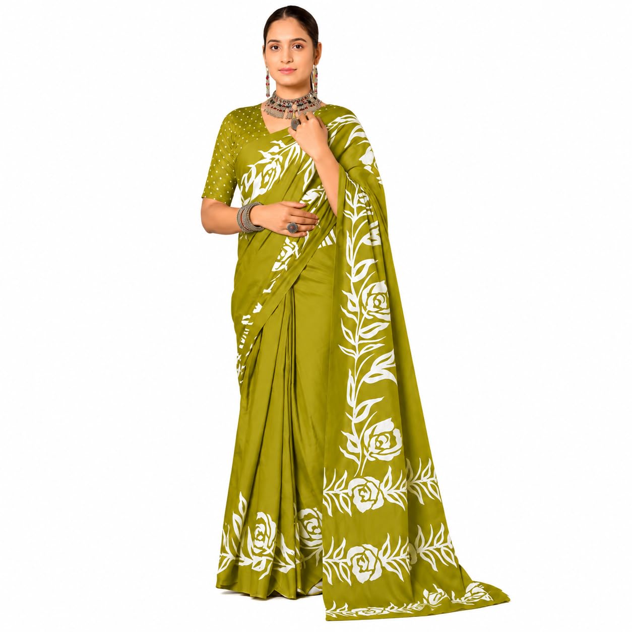Studio SPx | Women's Floral Print Cotton Saree | Soft Breathable Fabric Saree With UNstitched Blouse Piece | Daily Wear Ethnic Sari | Olive Green-image-30