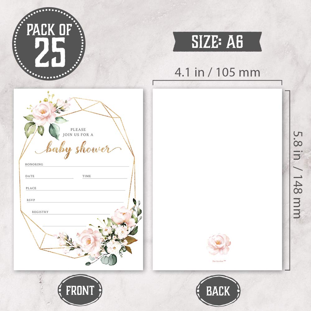 Zestaw 25 różowych kwiatowych zaproszeń na baby shower, bilety na pieluchy i kartki z prośbą o książkę z kopertami od Hat Acrobat | To dziewczęce zaproszenia boho na imprezę ujawniającą płeć lub
