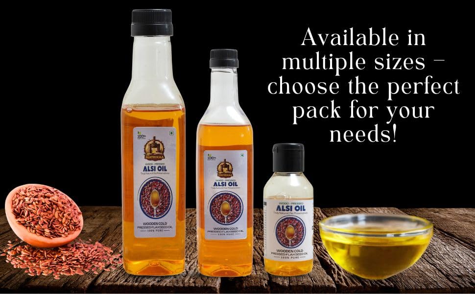 Image of SARV MATRIKAA Wood Pressed Alsi Oil 250ml | Cold Pressed Flaxseed Oil | 100% Pure & Natural | Edible Grade | No Preservatives | Omega 3 Rich | For Cooking, Skin & Hair Care