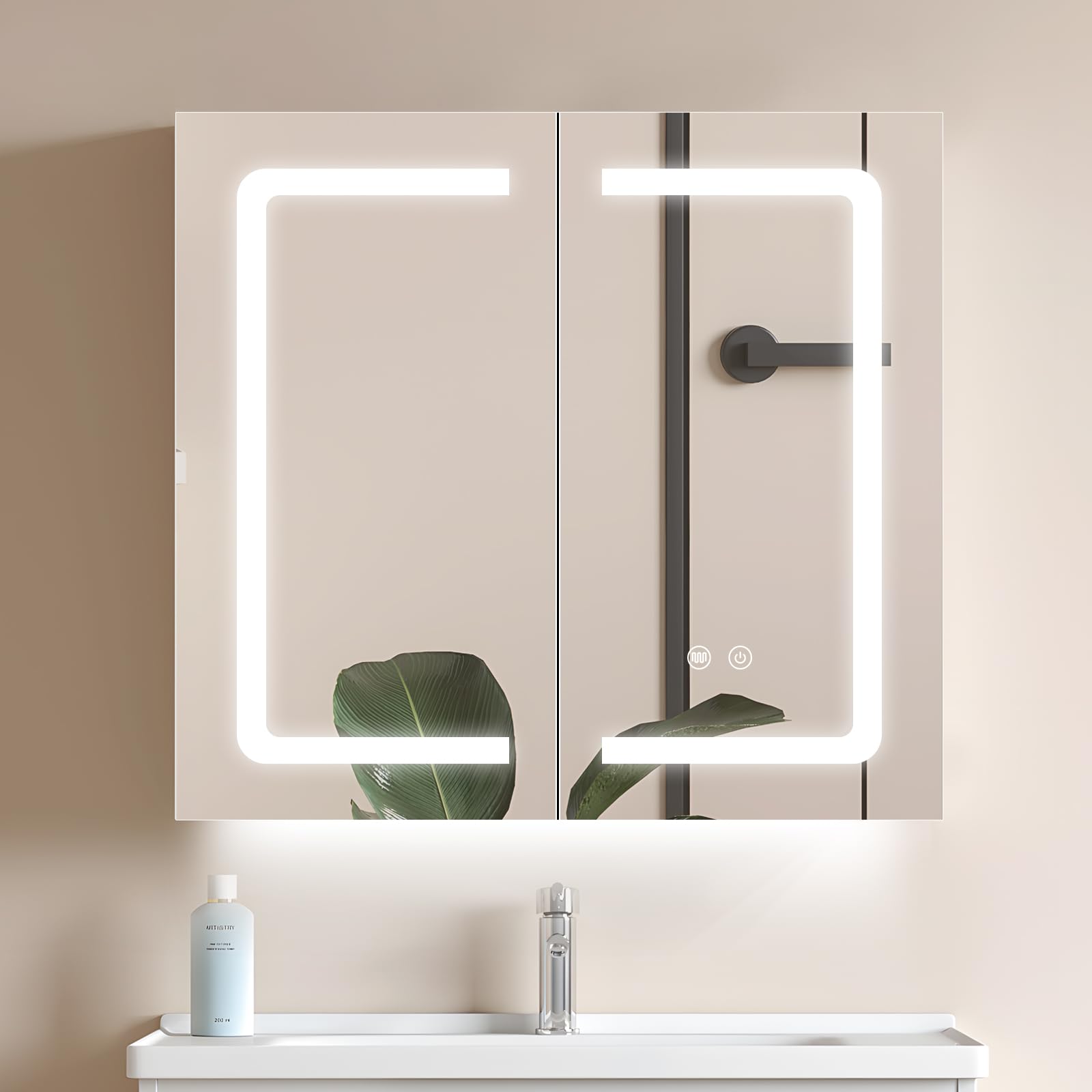 WisHomeeBathroom Mirror Cabinet with Lighting and Socket, 65 cm Wide, LED, Black, Bathroom Mirror Cabinet with Lighting and Adjustable Shelf, 2 Doors, Heated Anti-Fog, Dimmable
